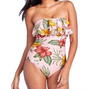 Kona Sol Pink Floral Ruffle One Piece Swimsuit